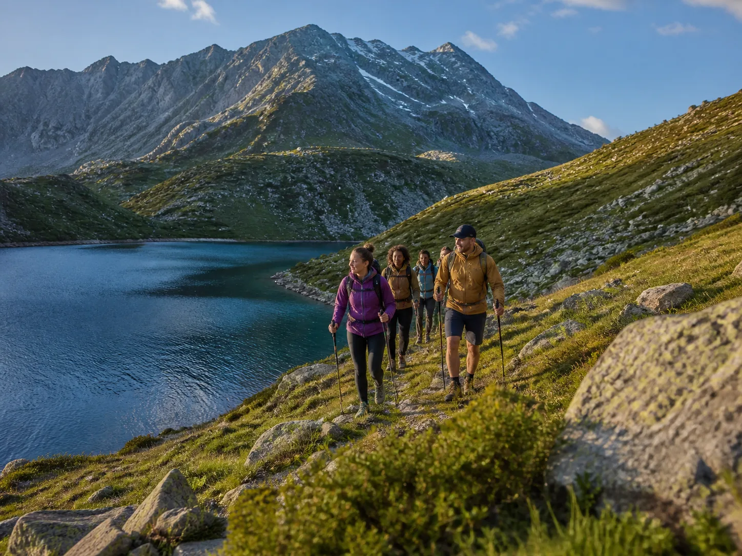 A group hiking beside a highland lake