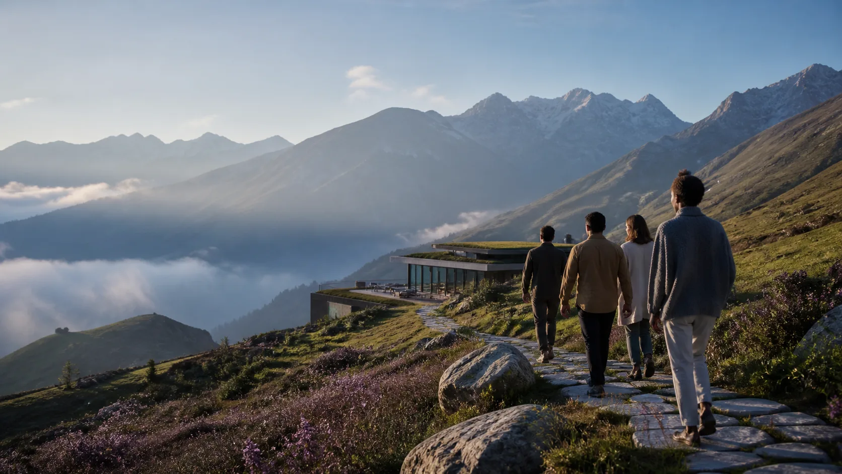A professional group approaching a mountain wellness retreat